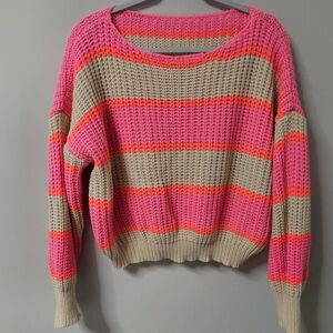 Vibrant Pink and Tan Striped Women's Sweater